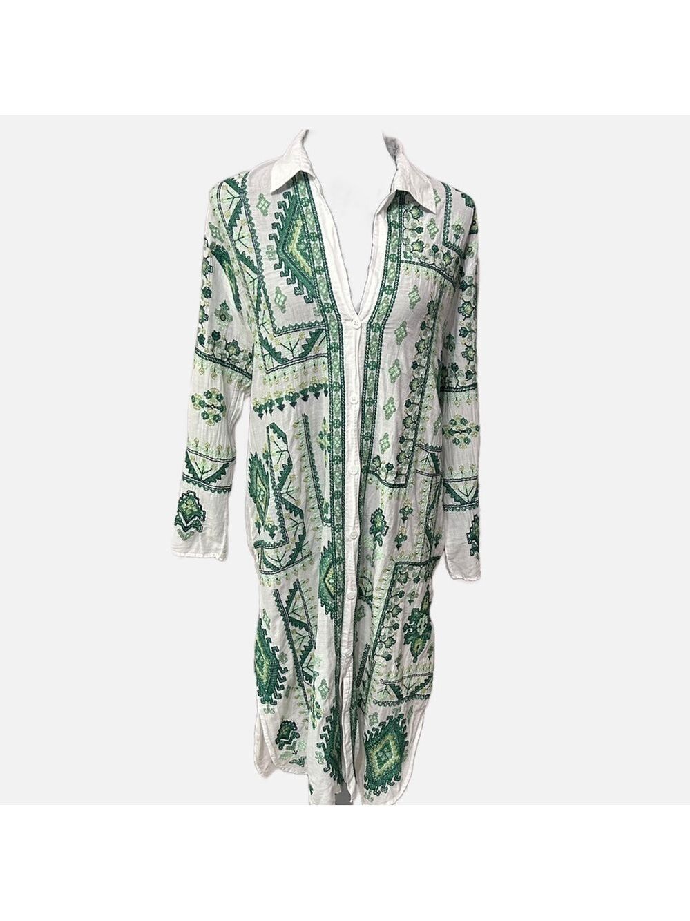Zara Embroidered Midi Dress Green Sz Small Side Slit Buttons Peasant Cotton Boho